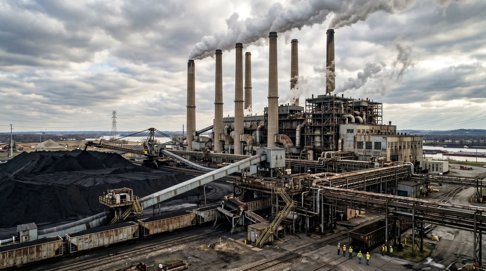Aerial view of a power and energy plant with tall smokestacks and conveyors